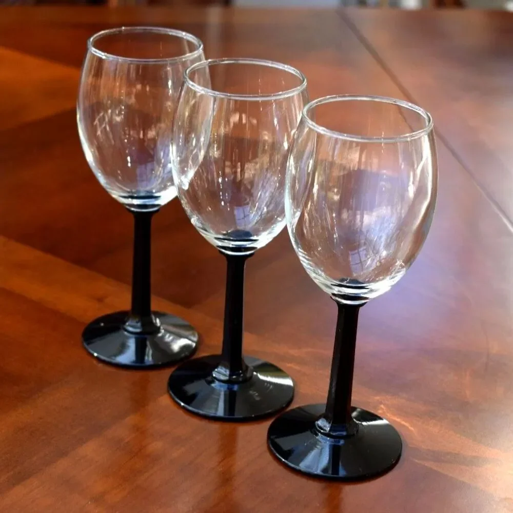 Set of 3 Black Stem Wine Glasses - Elegant Hexagon Stem Design - 6 3/4